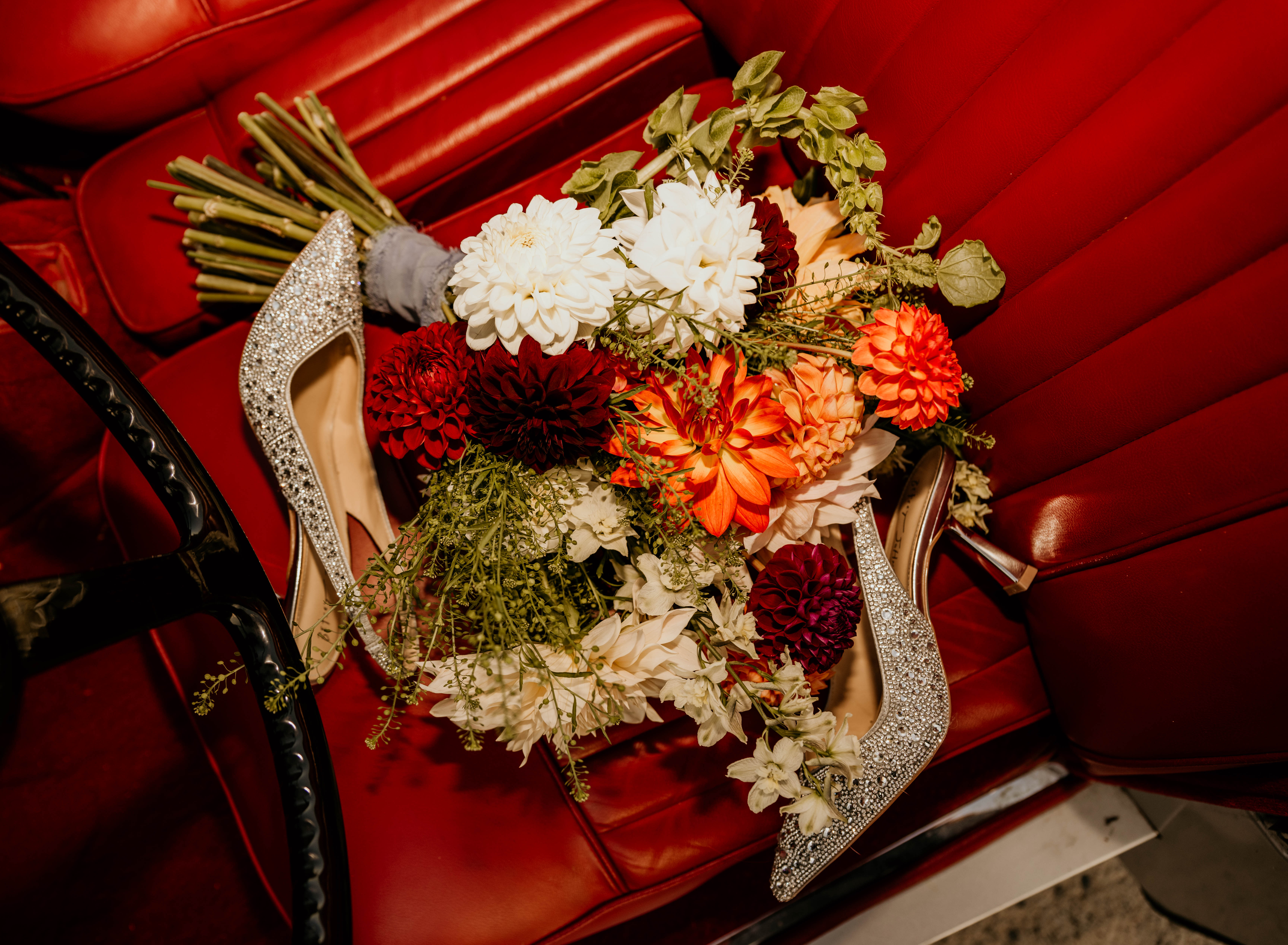 Classic Car-Bridal bouquet-Luxury bridal shoes-Montana wedding photographer-Helena Montana-Getaway Car